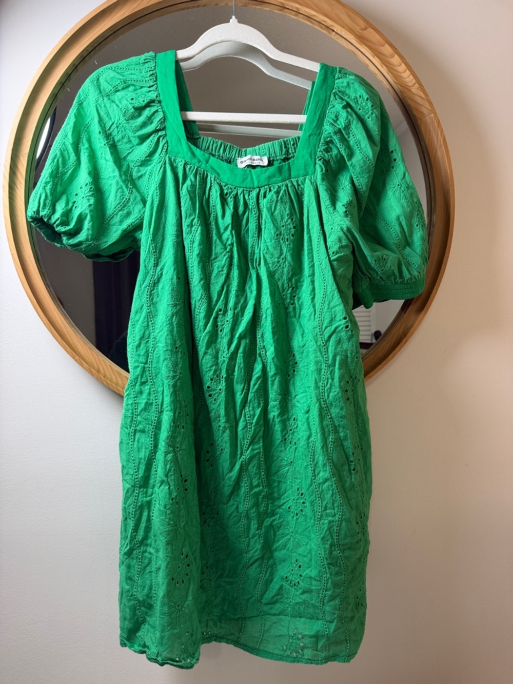 Women’s Green Eyelet Midi Dress with Square‎ Neck and Puff Sleeves